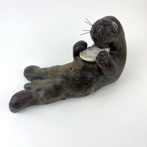 Hand-Carved Wax Sea Otter Holdinv Shell Playful 7” Long Rustic Decor - Picture 1 of 6